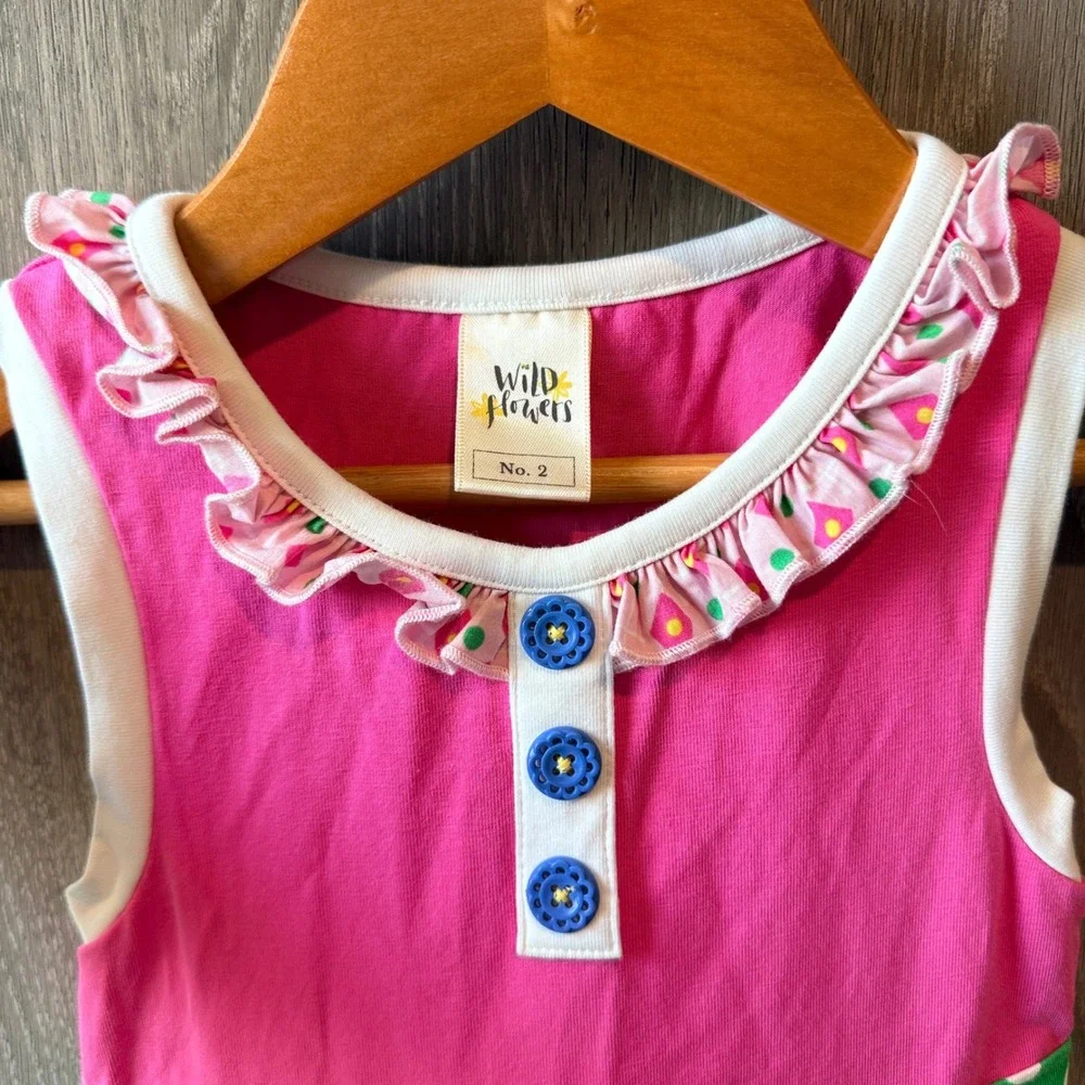 Wildflowers Lemon Print Dress Girls 2 Pink Green Polka Dot Ruffle Summer Cottage